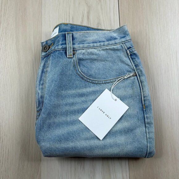 NWT I Love Ugly Unisex faded Blue Denim Medium Wash Clean Carpenter Jeans Large
